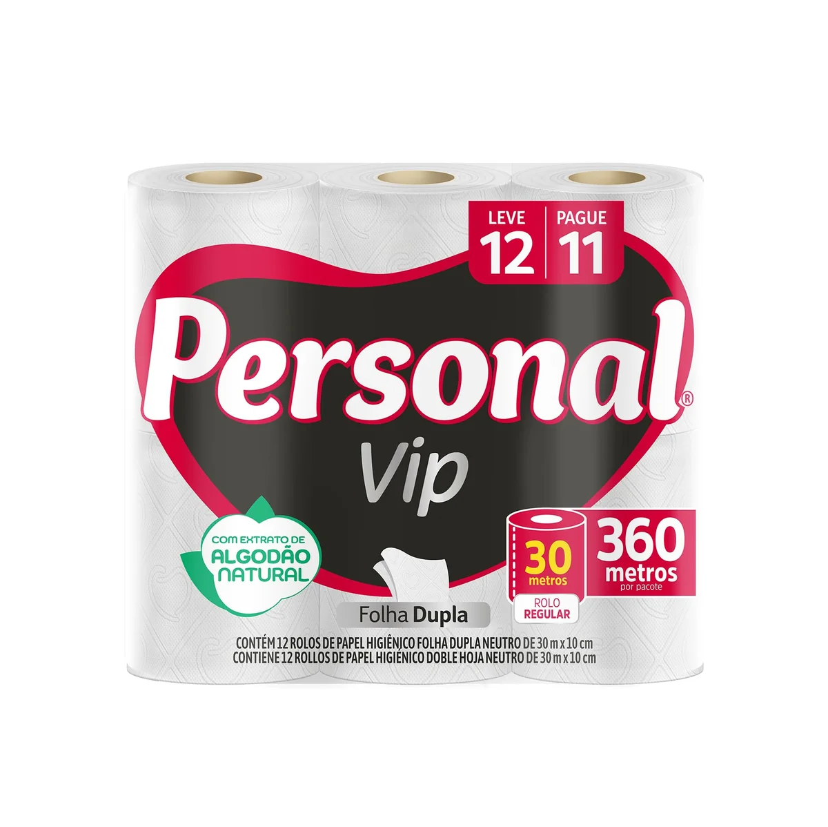 Personal VIP - Papel Higiênico, Folha Dupla, 12 unidades (Embalagem pode variar)