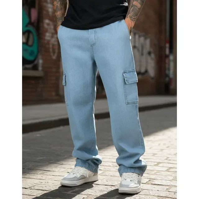 Calça Cargo Jeans Masculina Larga Com 5 Bolsos Estilo Skate