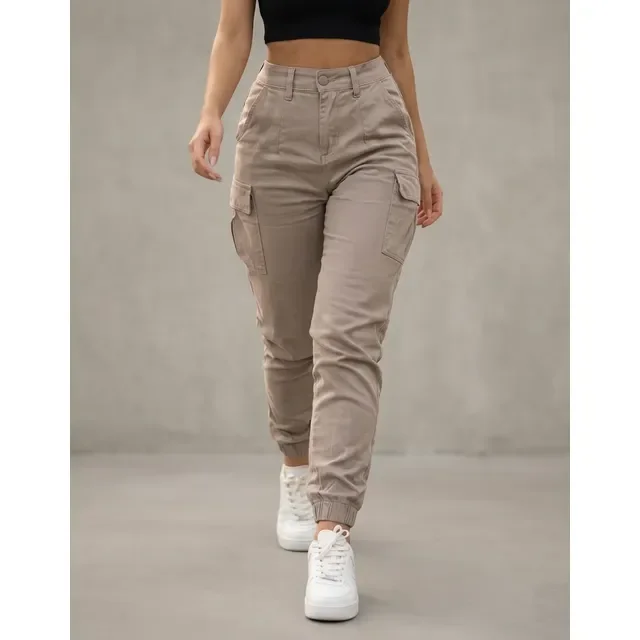Calça Cargo Jogger Jeans Feminina Cintura Alta Com Lycra