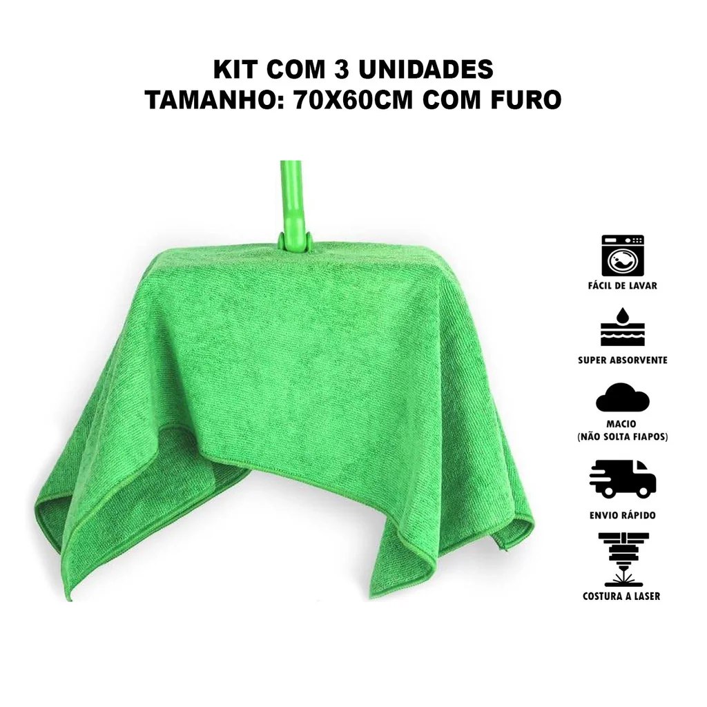 Kit 3 Panos de Chão Microfibra 70x60cm Furo para Rodo Dupla Camada