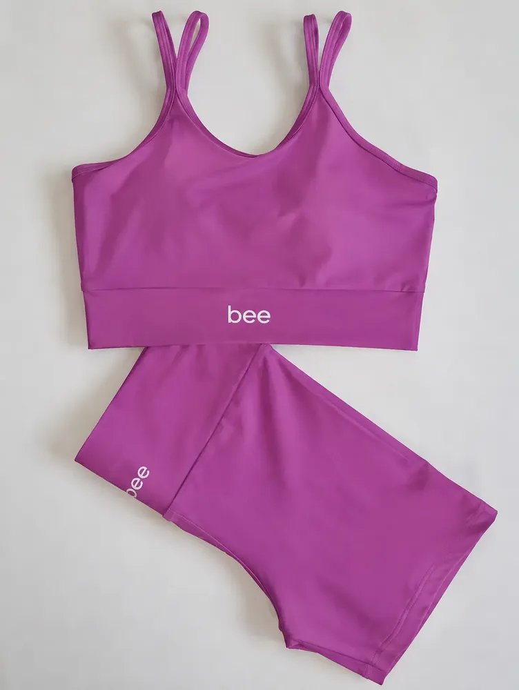 Conjunto Fitness Bee Top Cropped E Short Premium Feminino Roxo Liso M