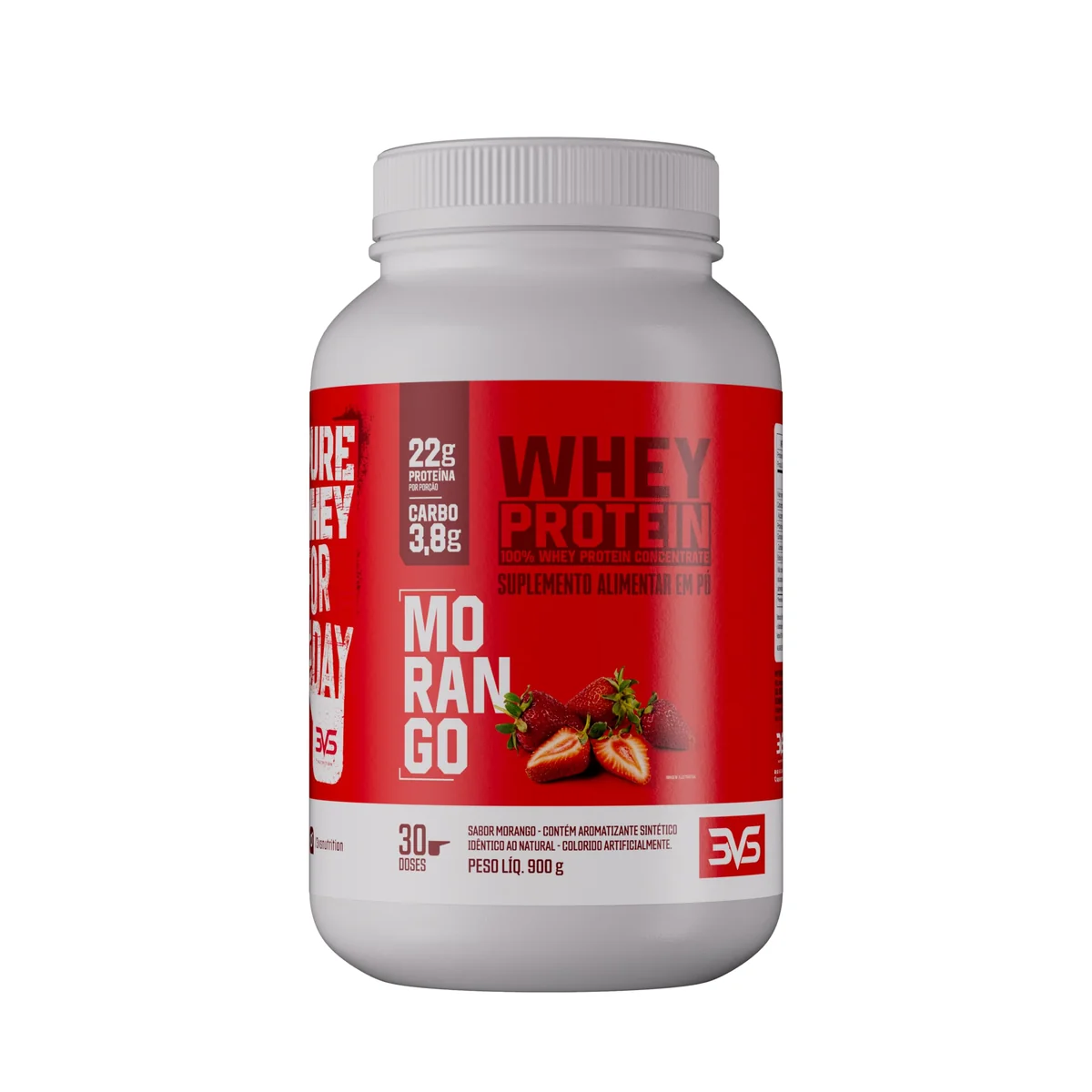 Whey Protein 100% Concentrado Morango 900g 3VS Nutrition · Proteína Pura · 18g por Porção · 30 doses · Sem Açúcar