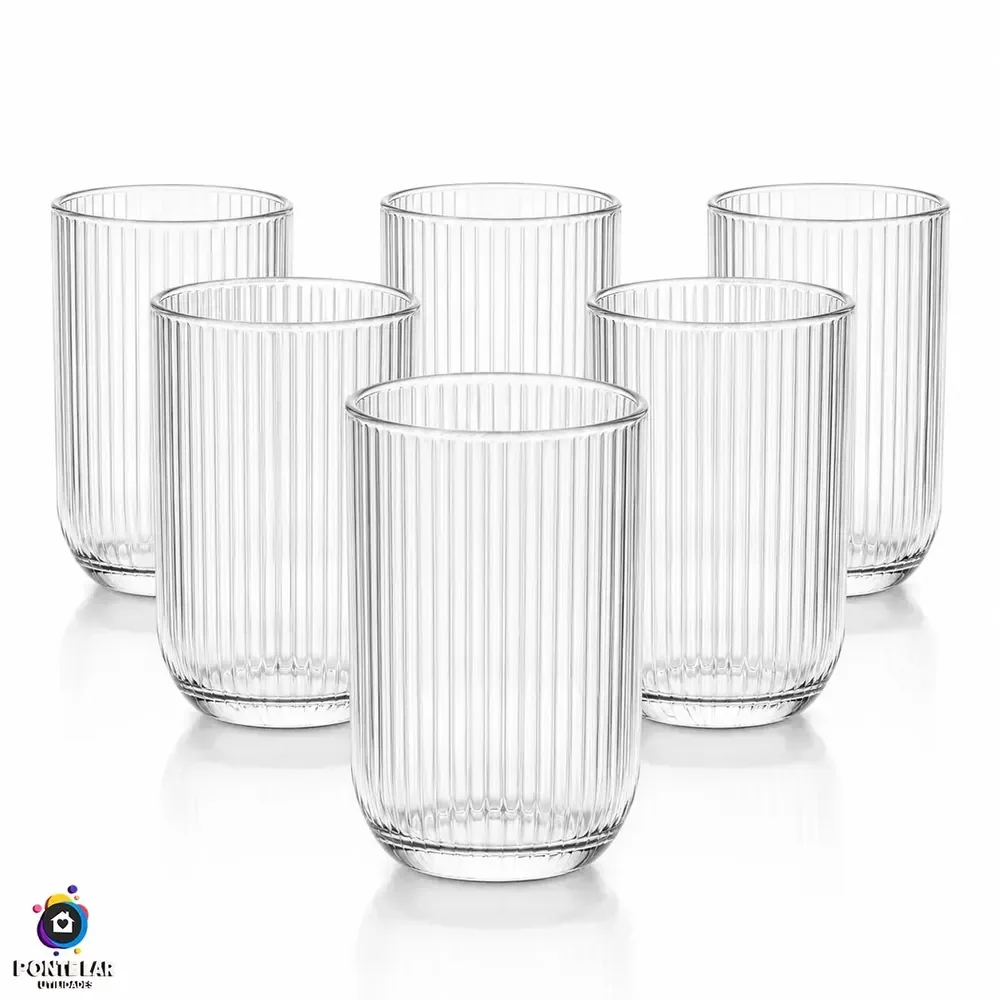 Jogo 6 Copos Vidro Canelado 423ml Moderno Elegante Premium Vinho Água Suco Drinks Gin Whisky Jogo Copos Taça Copo... Transparente Canelado