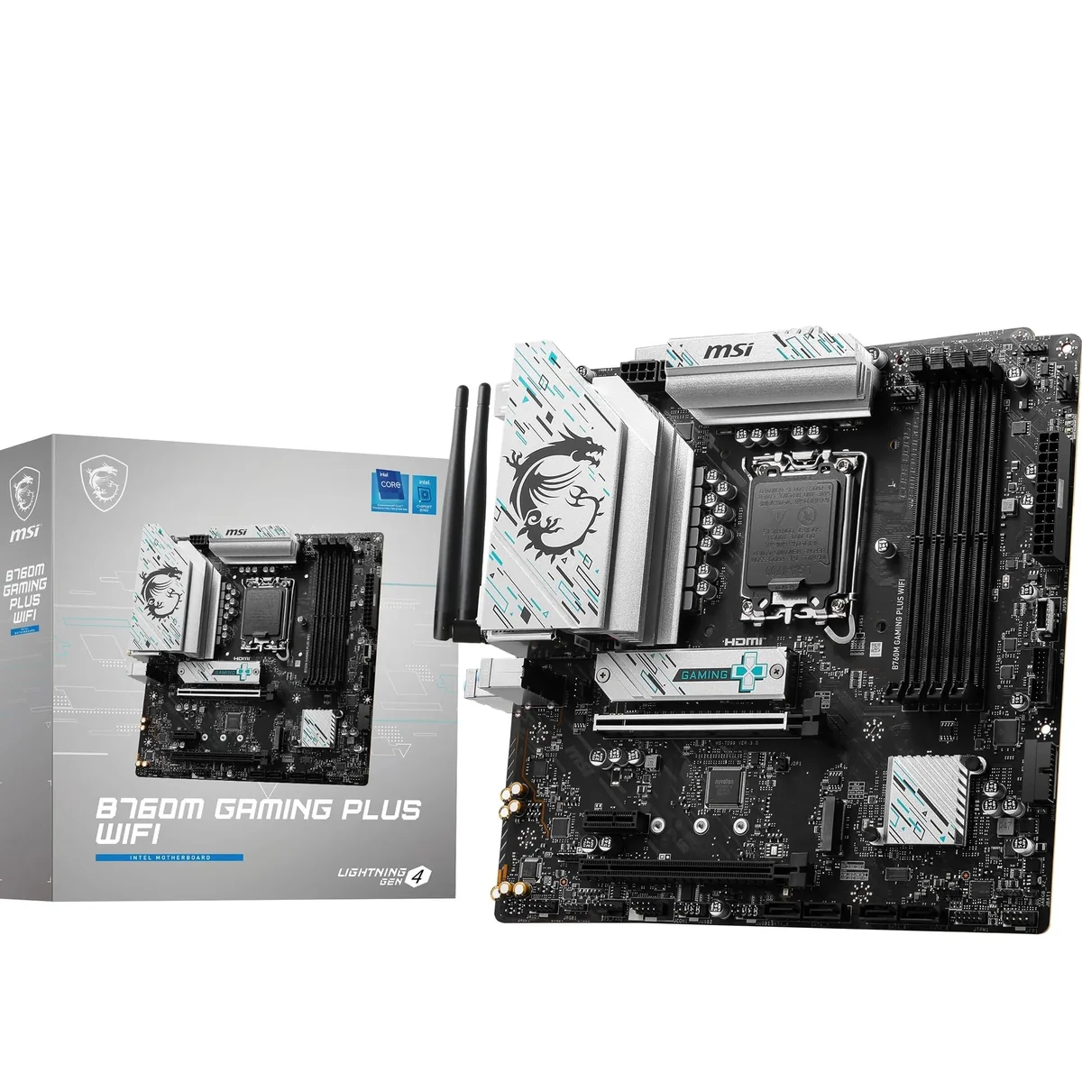 MSI B760M GAMING PLUS WIFI Placa Mãe LGA 1700 DDR5 M.2 USB 3.2 | Placa-mãe com Wi-Fi, suporte DDR5, LGA 1700 e armazenamento M.2 para sistemas de alto desempenho compatíveis.