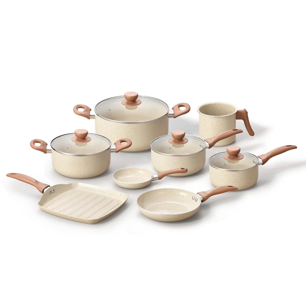 Oikos - Jogo com 8 Panelas Antiaderentes de Revestimento Cerâmica com Tampa de Vidro Terrara Bege com 5 Camadas para Fogão a Gás, Elétricos, Cerâmicos e Halogênio
