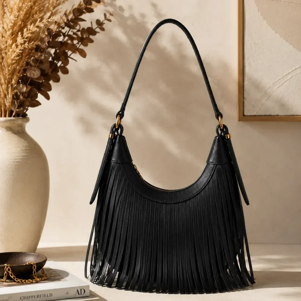 Bolsa De Ombro Feminina Detalhe Franja Moda Country Elegante Preto Franja Dourado Mesma Da Bolsa