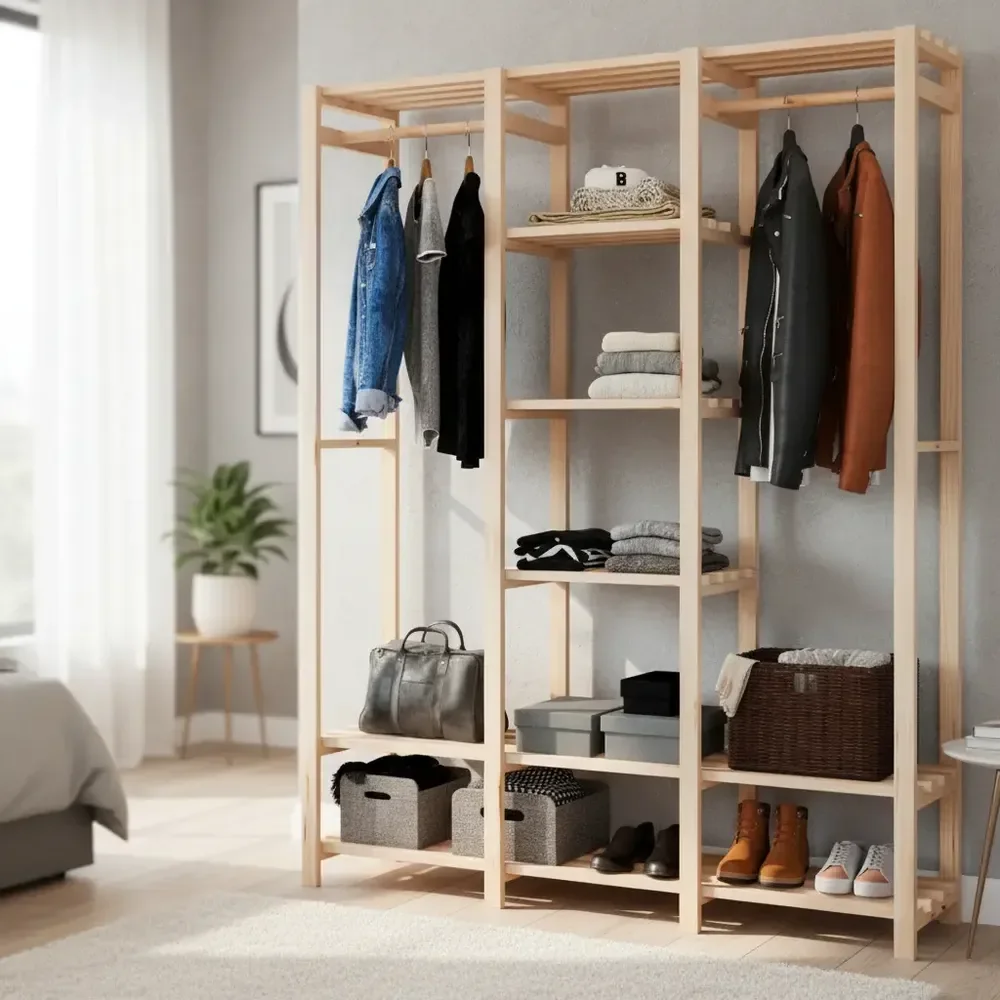 Guarda Roupa Closet Estante Arara Cabideiro Madeira Natural Natural