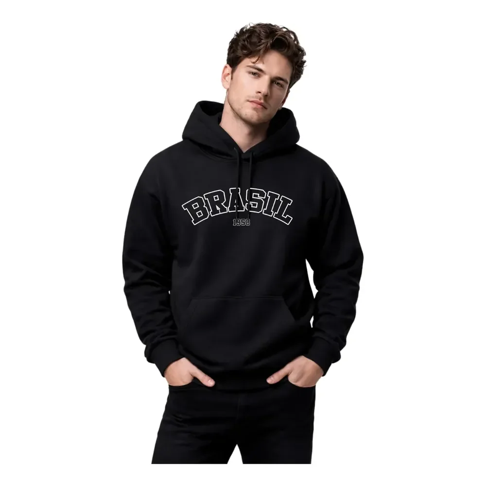 Blusa Moletom Masculino Canguru Com Capuz Estampa Brasil G Preto