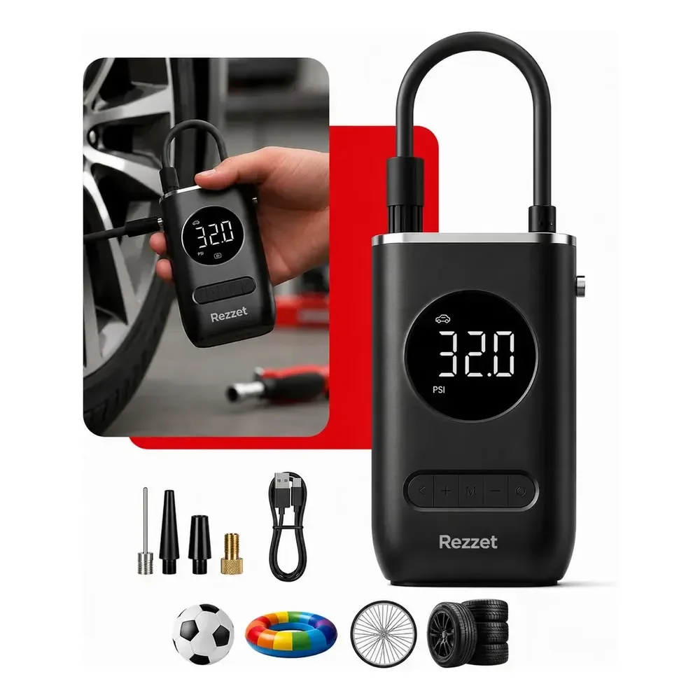 Mini Compressor Digital Portátil Rezzet Para Carro Moto E Bicicleta Com Calibrador Digital Inflador Elétrico De Pneus 12v Display Lcd Lanterna Led Compacto E Recarregável Preto 127/220v