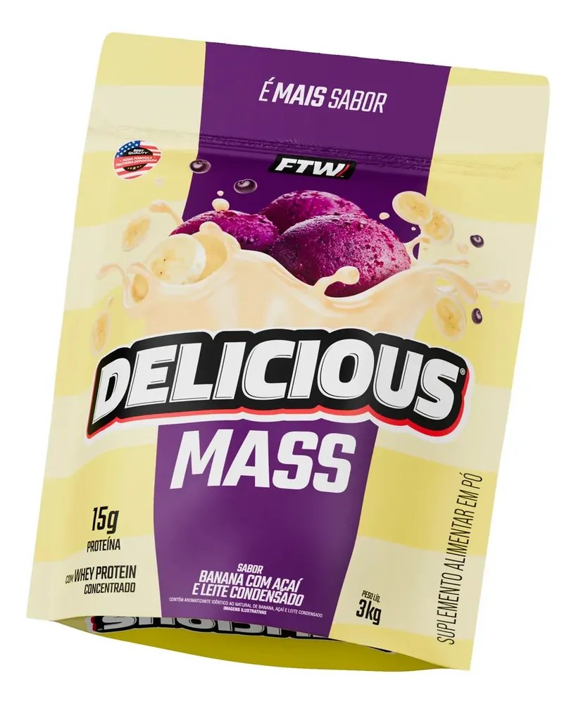 Hipercalórico Delicious Mass FTW 3kg Sabor Banana Açai e Leite Condensado Ganho de Massa - 15g Proteína