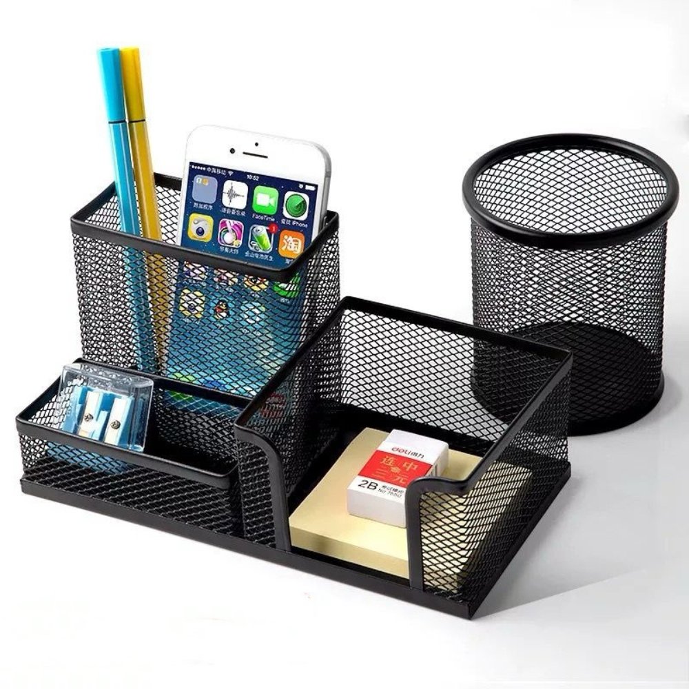 Organizador de Mesa Metal Aramado Para Escritório 3 Divisões Porta Lapís Caneta Clips
