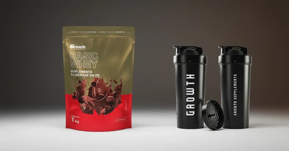 Kit Growth: Whey Protein Basic Chocolate 1kg + Coqueteleira Shaker Academia Preta 600ml