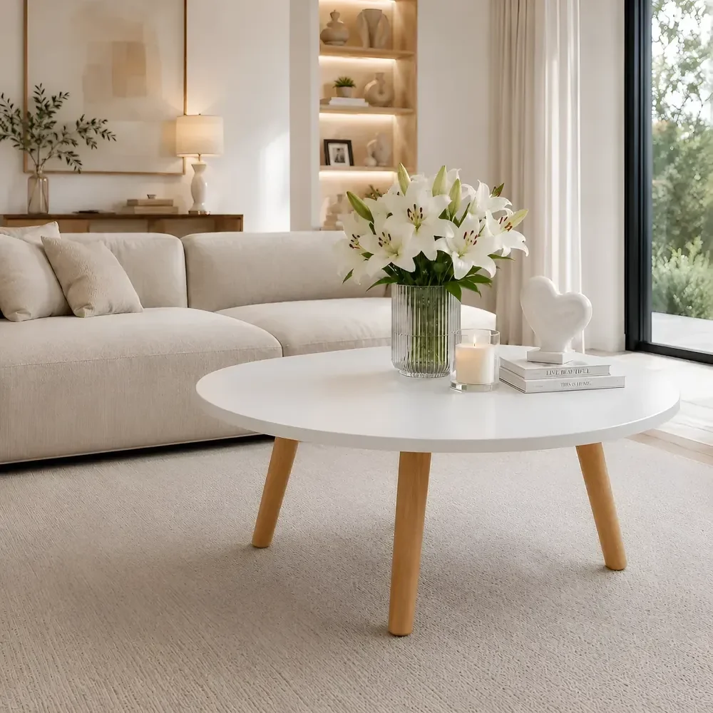 Mesa De Centro Redonda Para Sala Mdf Pés Palito De Madeira Branco