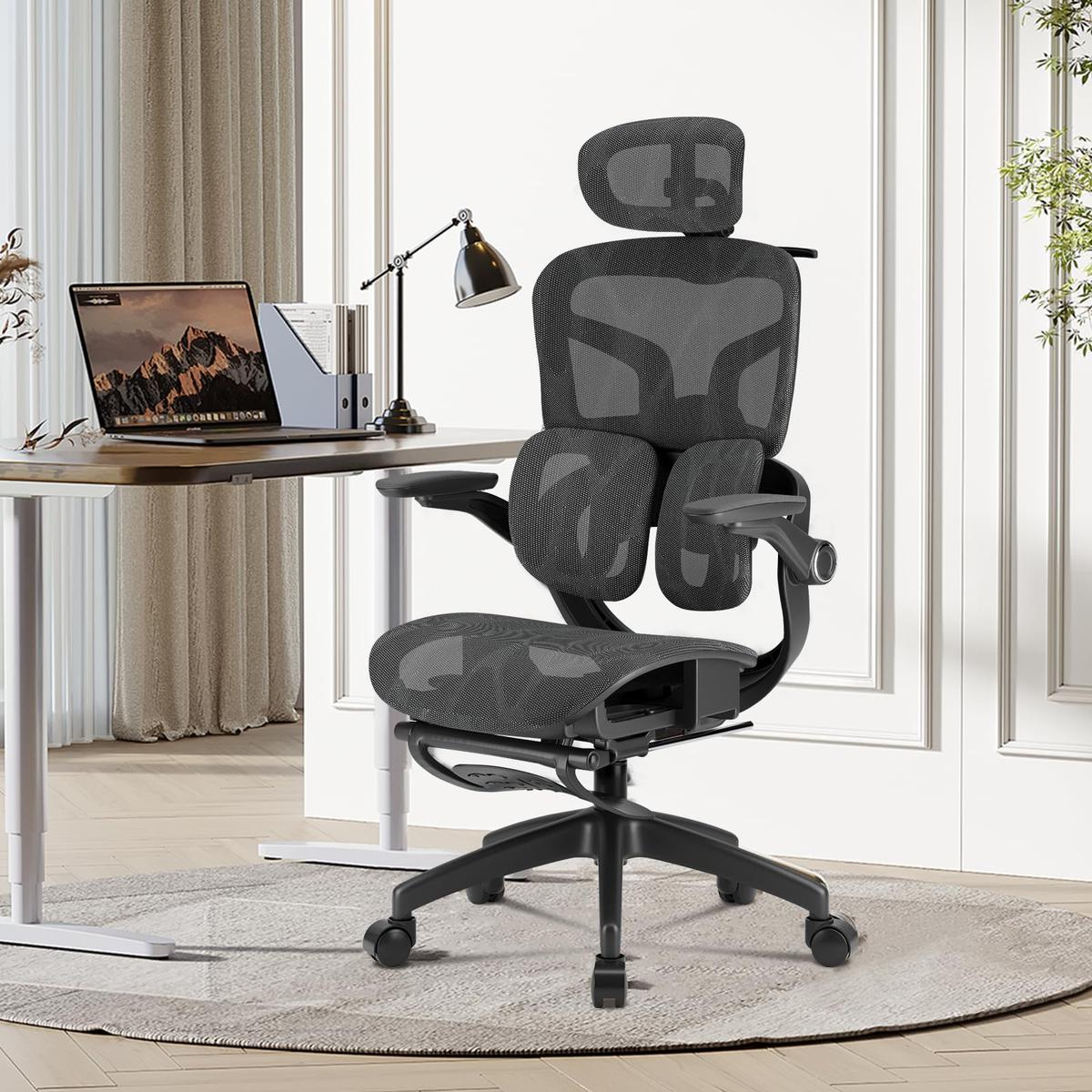Cadeira de Escritório Ergonômica Testada conforme NR-17, Duplo Apoio Lombar, Assento Deslizante com Ajuste de Profundidade 5cm, Apoio para Pés Retrátil, Reclinável até 135° para Home Office (Preto)