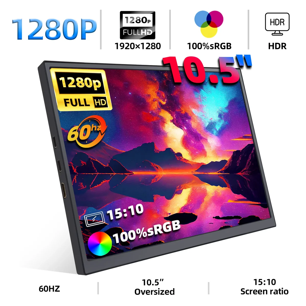 ZSUS-Monitor portátil de luz azul baixa para Xbox, PS4, PS4, 5 Switch, Celular, PC, Extensão Loptop, 10.5 ", 1280P, 100% sRGB, 5:10
