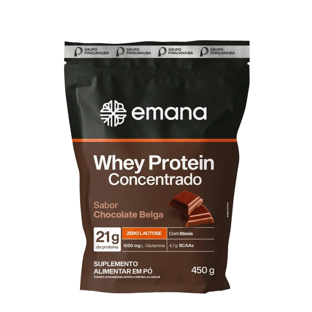 Emana Suplemento Alimentar em Pó Whey Protein Adoçado com Stevia Sabor Chocolate Belga - 450g