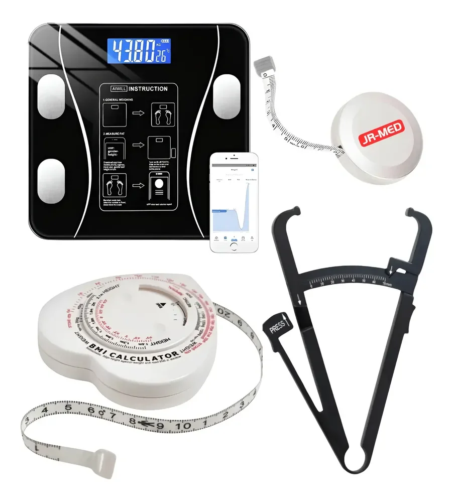 Kit Balança Bioimpedância Trena Antropométrica + Adipômetro Preto