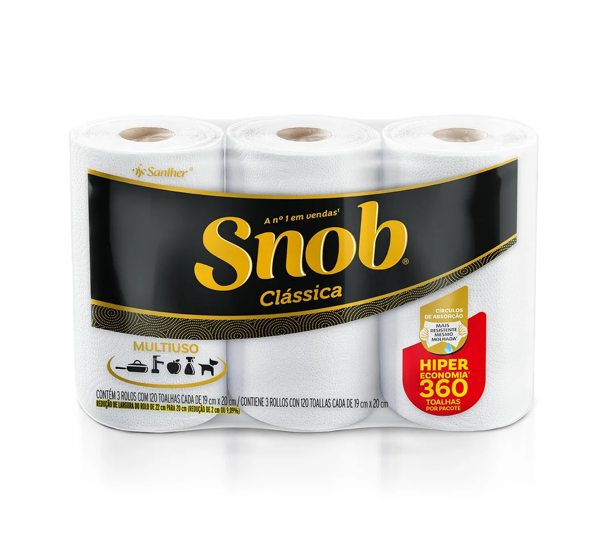 Snob Papel toalha multiuso folha dupla branca hiper 360fls, 3 rolos
