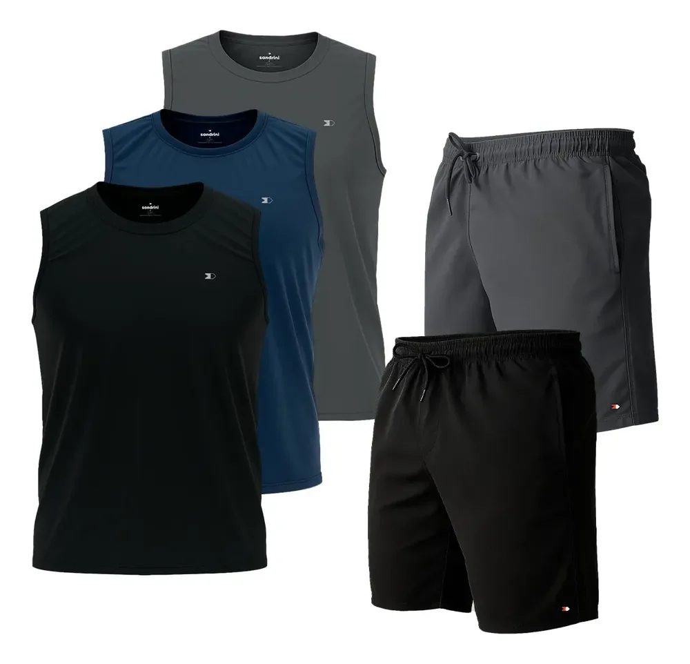 Kit 5 Pçs 3 Camisas Regata Dry-fit Sandrini +2 Short Tactel Sortidos Lisa G