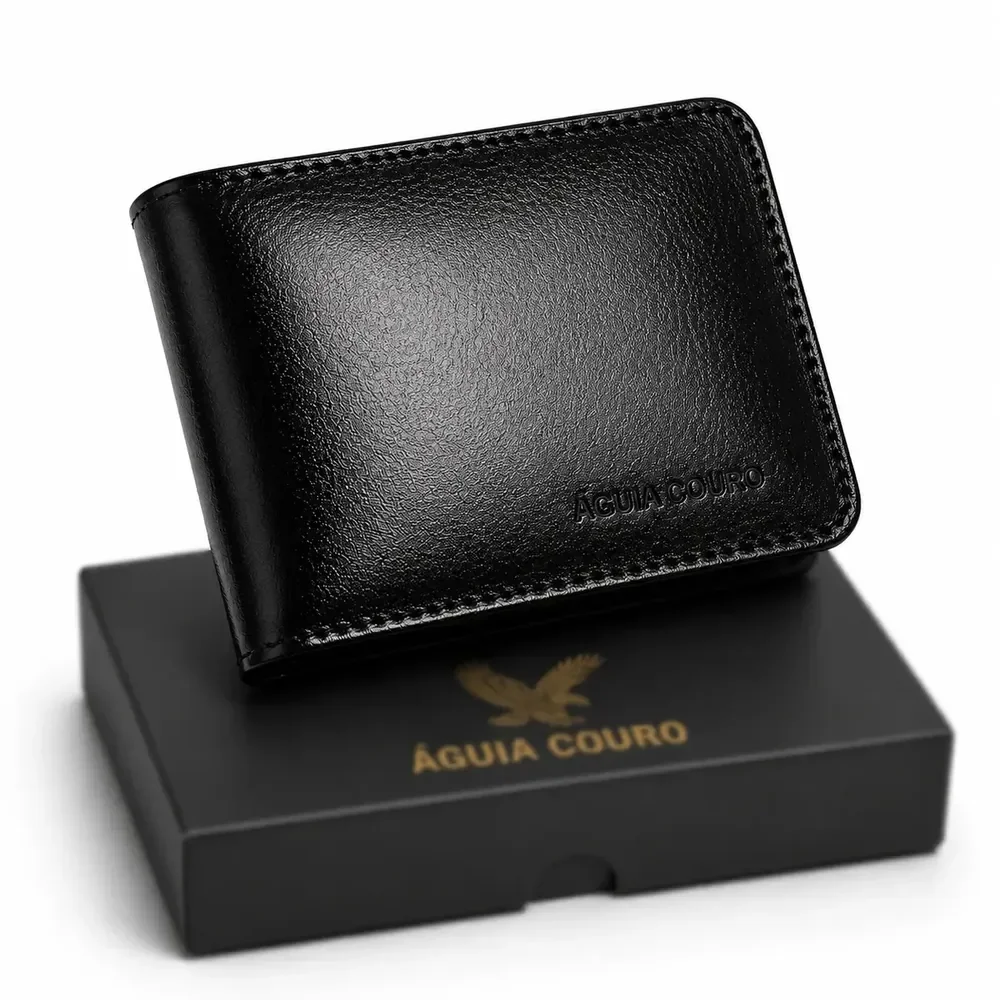 Carteira Masculina de Couro Legítimo Águia, Preta com Porta Moedas e 7 Cartões