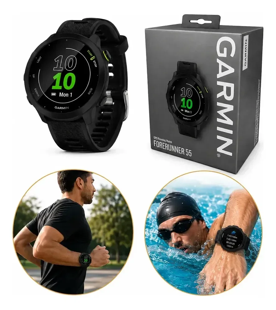 Relógio Garmin Forerunner 55 Monitor Cardíaco Gps 42mm Preto Corrida Caminhada Ciclismo Natação Monitoramento Sono Pace Calorias Distância Cronômetro Resistente Leve Esportivo Unissex Com Gps Rápido