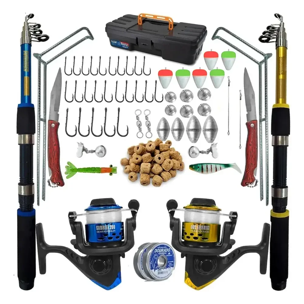 Kit Vara De Pesca Telescópica Summer 1,70m Fibra Vidro 2 Molinetes Preto