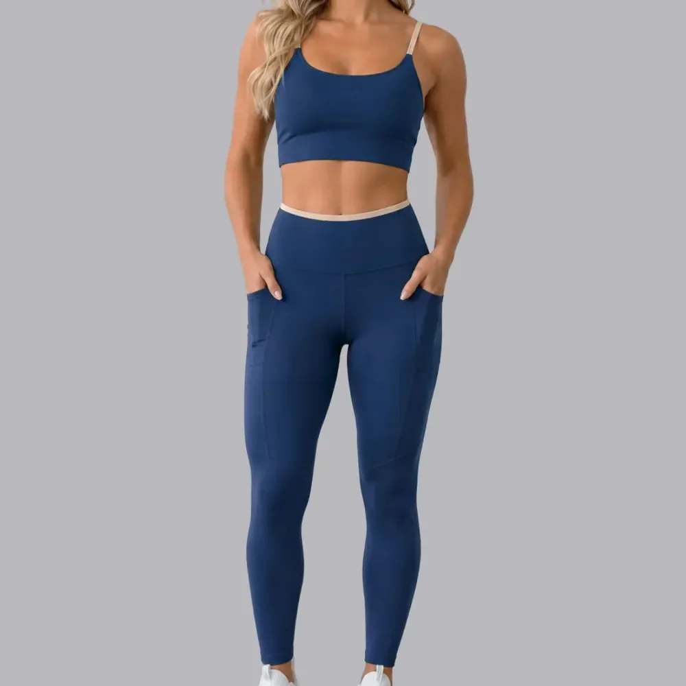 Conjunto Academia Top Calça Legging Fitness Roupa Kit Bolso Azul/areia Liso G 40/42
