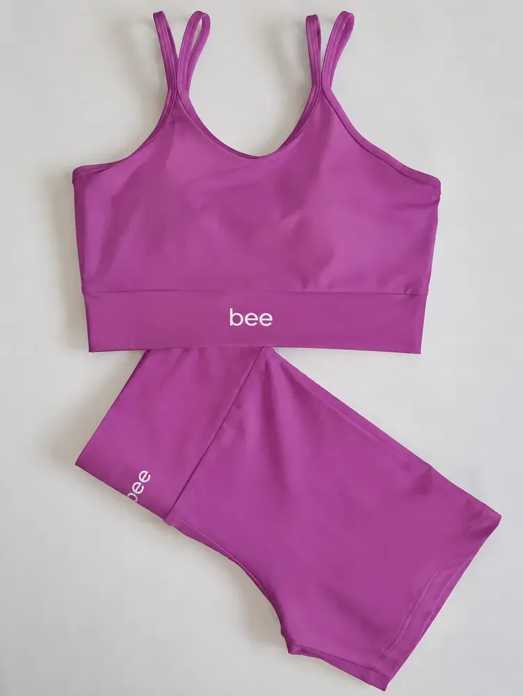 Conjunto Fitness Bee Top Cropped E Short Premium Feminino Roxo Liso M