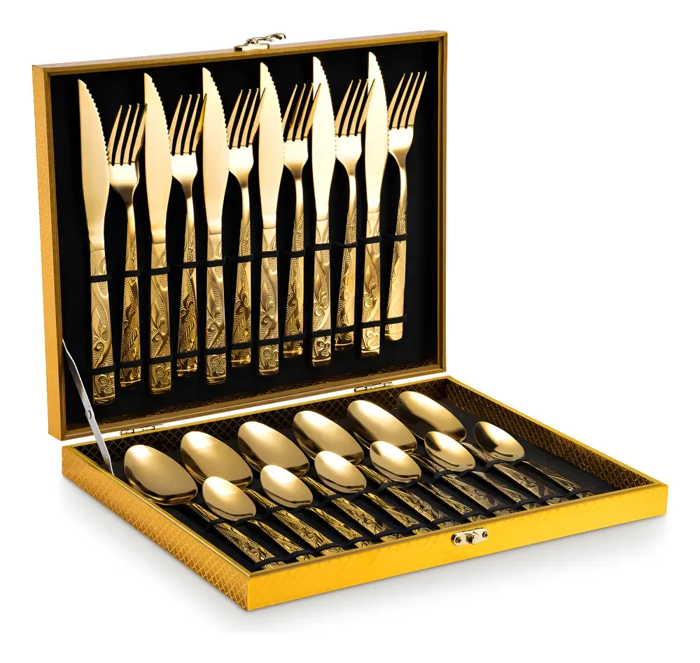 Kit Faqueiro Dourado Luxo Jogo Talheres Inox 24pçs + Maleta