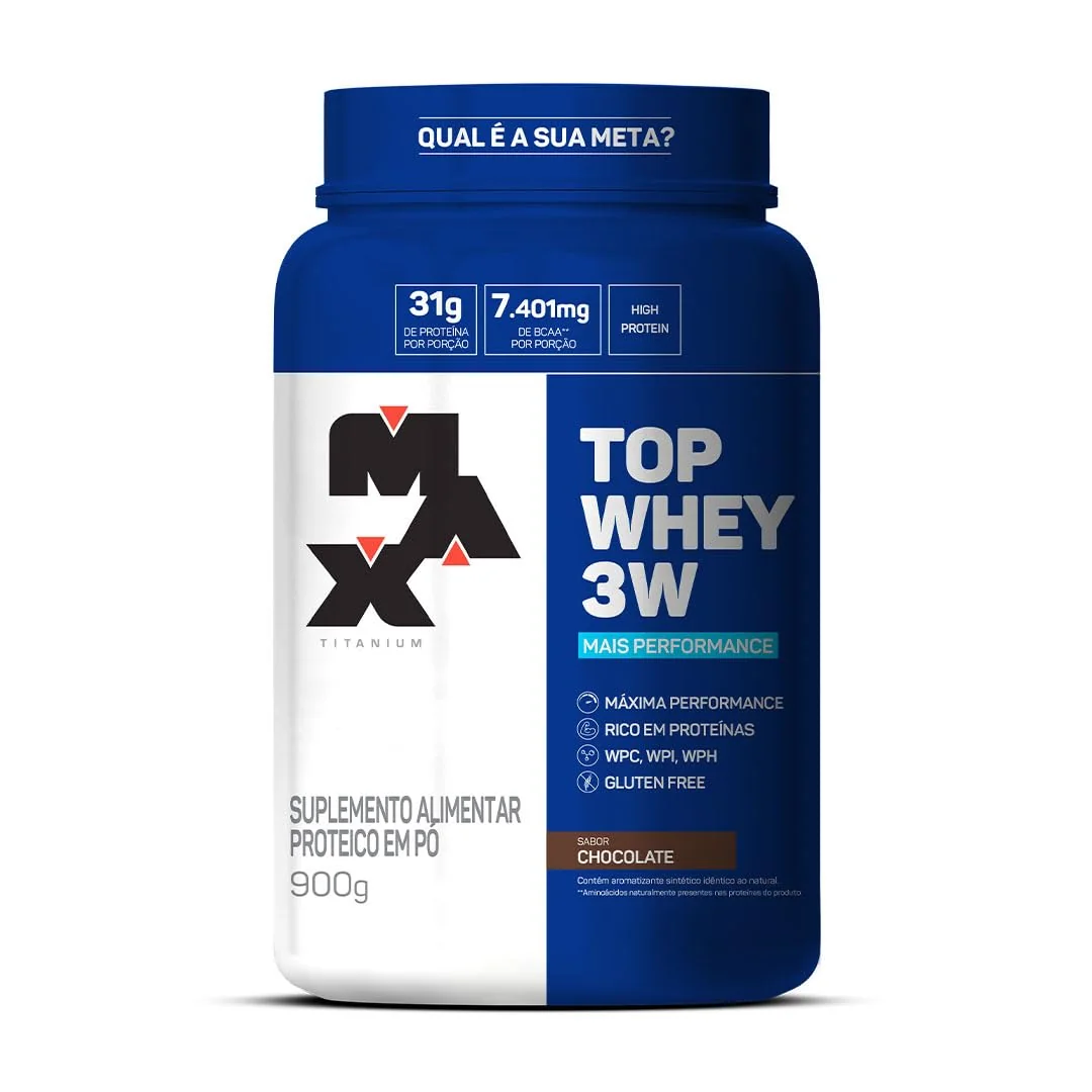 Top Whey 3W (900g) - Sabor Mais Performance - Chocolate, Max Titanium