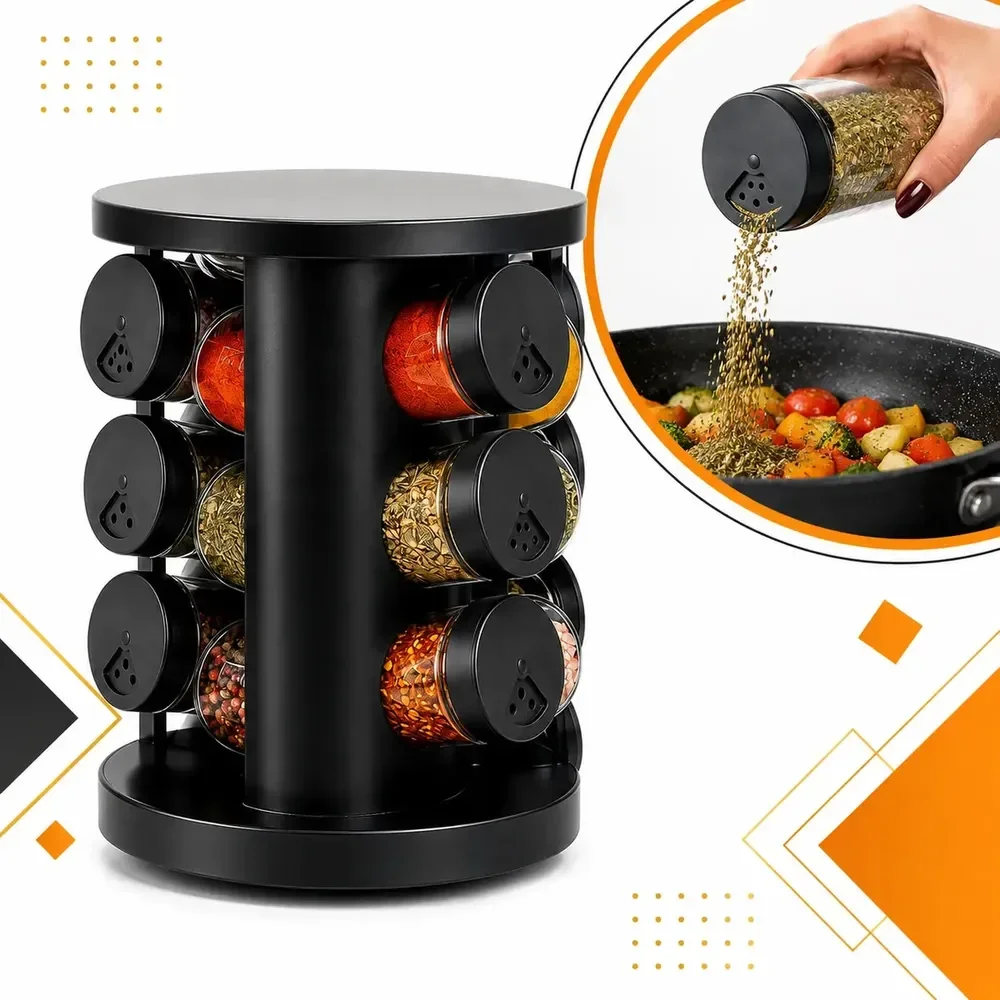 Porta Tempero Giratório 9 Potes De Vidro Organizador De Temperos Com Suporte Preto 360° Cozinha Condimentos Premium