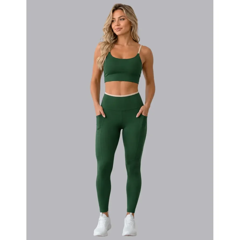 Conjunto Academia Top Calça Legging Fitness Roupa Kit Bolso Verde/areia Lisa G 40/42
