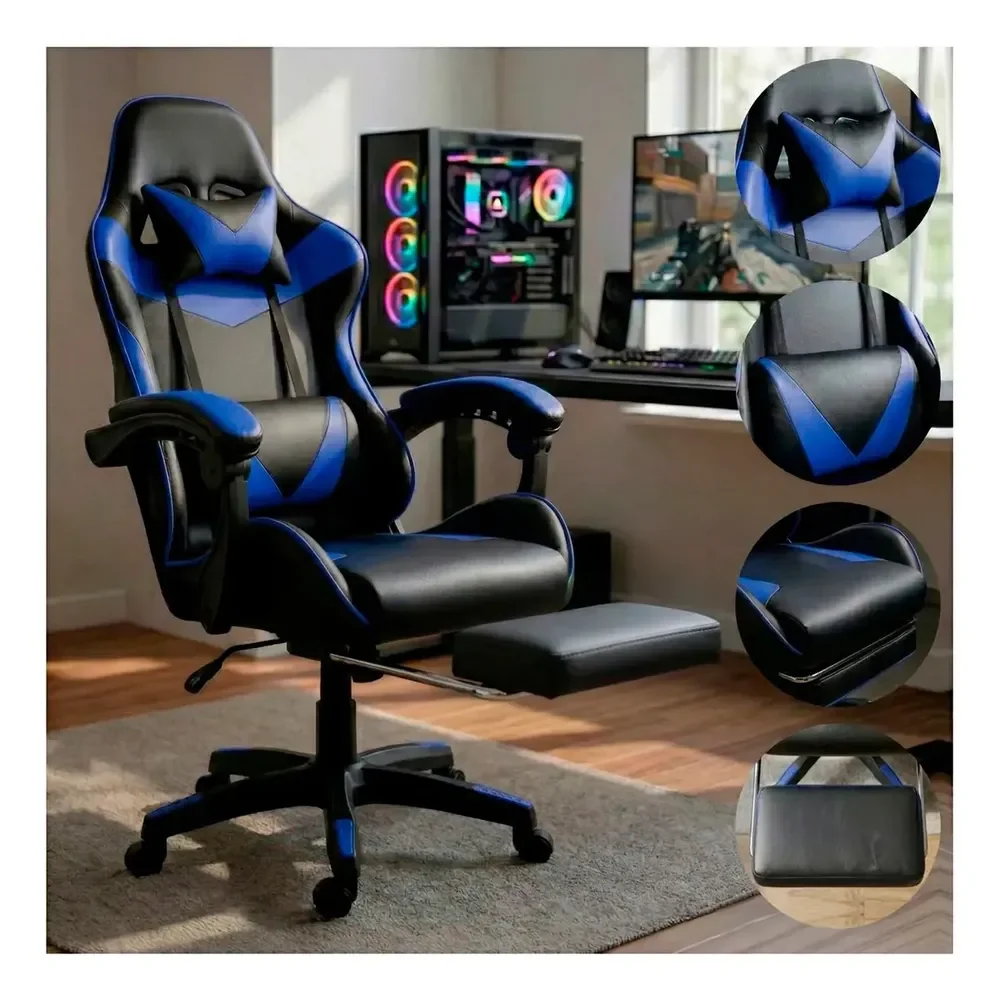 Cadeira Escritório Gamer Ergonômica Reclinável Com Apoio Dos Pés Em Couro Azul Led Tools Couro Sintético