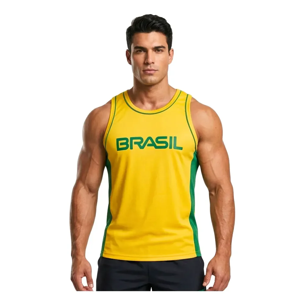 Camiseta Regata Masculina Basquete Esportiva Academia Fitnes Amarelo Brasil Brasil M
