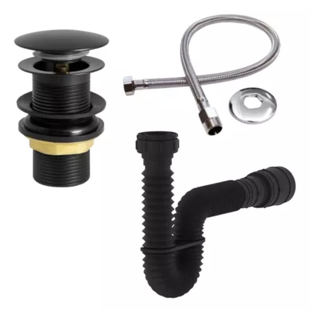 Kit Válvula Click Preta Lavatório Cuba Sifão Sanfonado Universal Extensivo Preto Engate 40 cm inox Rabicho