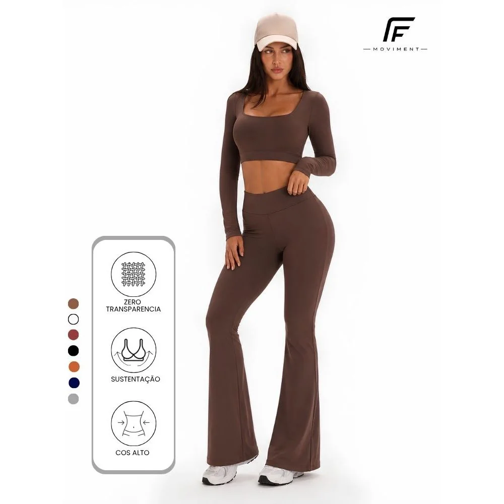 Conjunto de Academia Feminina Liso Zero Transparência Suplex Poliamida Flare Manga Longa Fitness