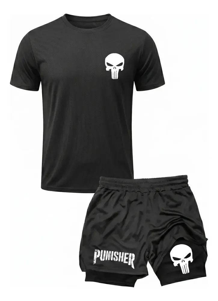 Kit Academia Treino Camiseta Dry Fit + Short 2 Em 1 Punisher Preto Gg