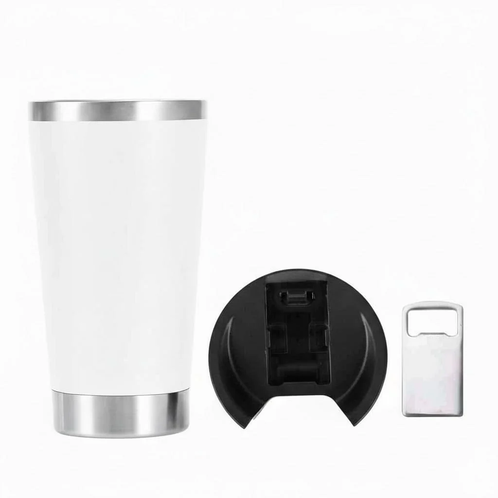 Copo Térmico Inox 473ml com Tampa, Abridor de Garrafas, Parede Dupla, Isolamento a Vácuo, Aço Inoxidável, para Cerveja e Bebidas Quentes (Branco)