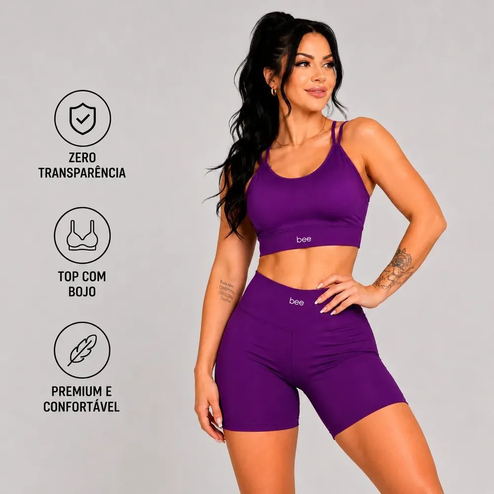Conjunto Fitness Feminino Short Cós Alto Sem Transparência Violeta Liso M