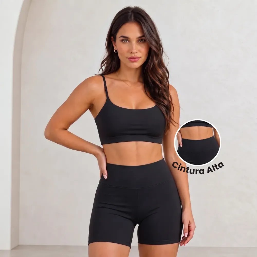 Conjunto Top Shorts Academia Fitness Virginia Cintura Alta Preto Liso G