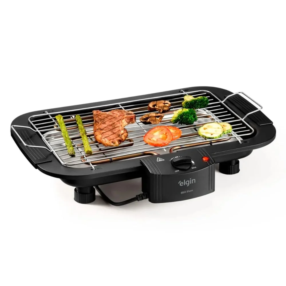 Churrasqueira Elétrica De Mesa Bbq Show Elgin 110V Com controle de temperatura, bandeja anti-fumaça e grelha removível