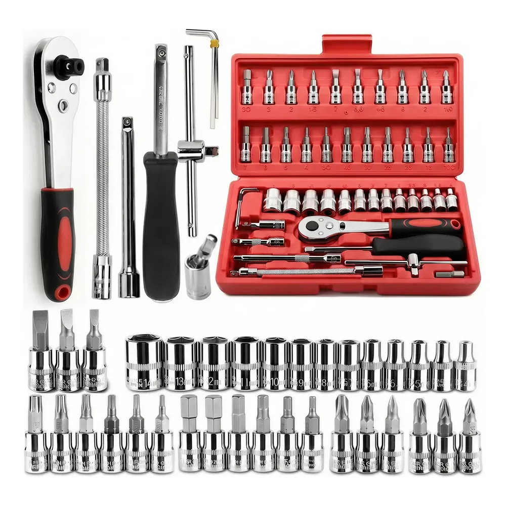 Kit 46 Peças Jogo De Chave Catraca Soquete Combo Maleta Vermelho