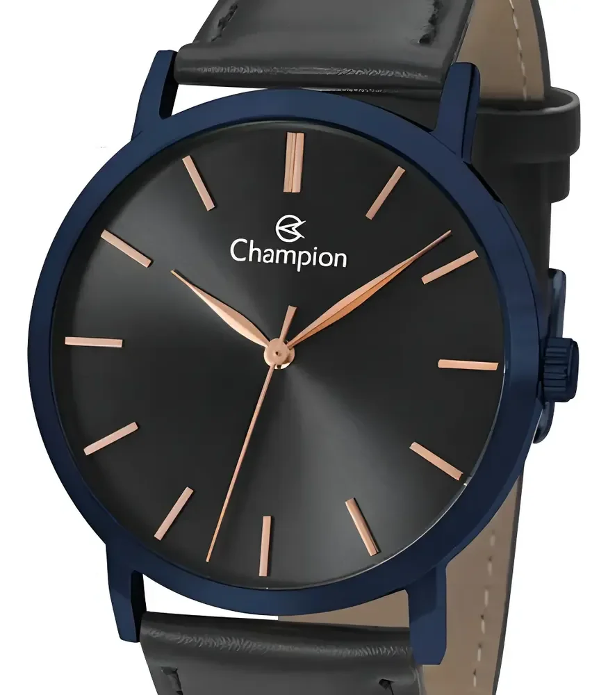 Relógio Champion Masculino Social Original Couro Preto Cor do bisel Azul