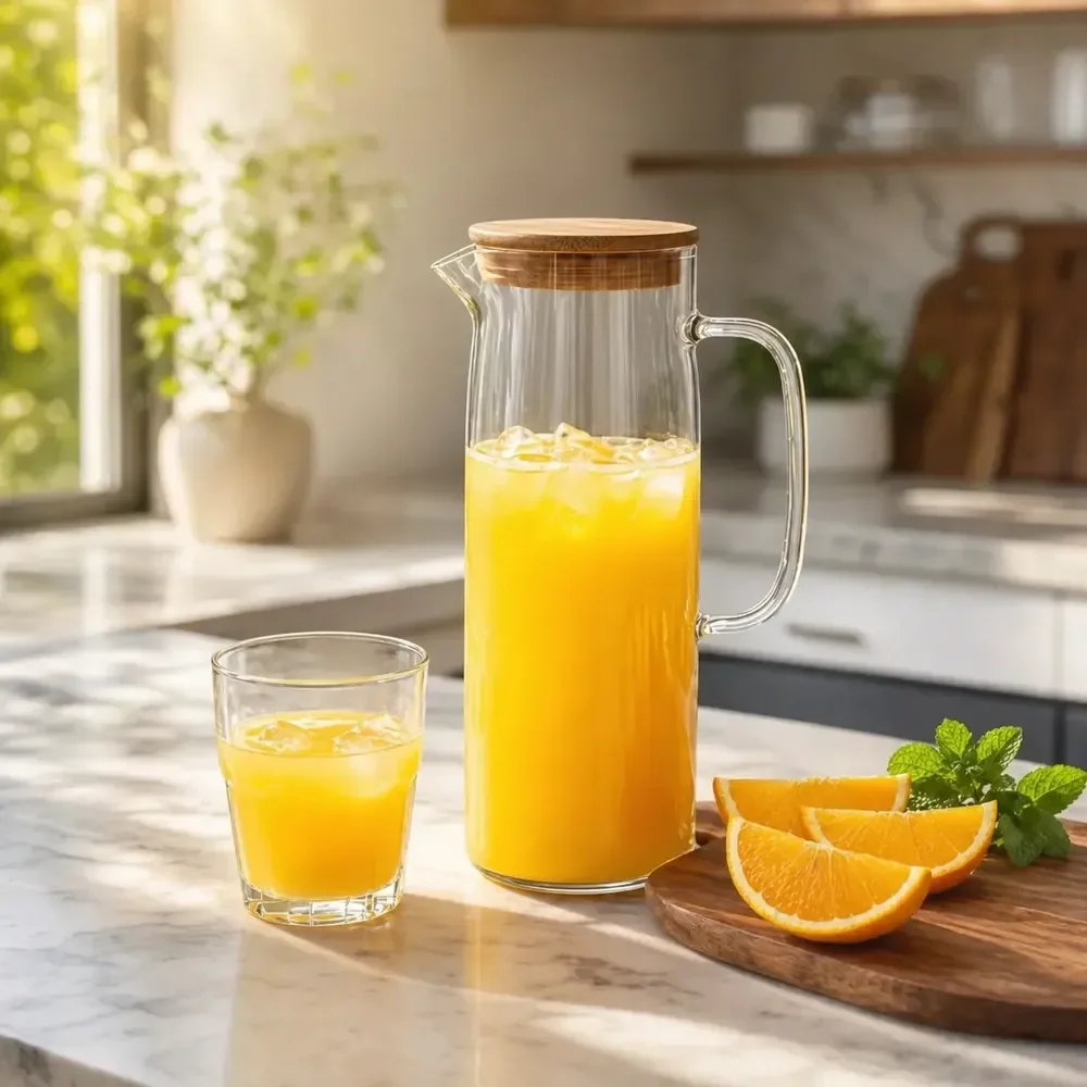 Jarra De Vidro Borossilicato Com Tampa De Bambu 1,5l Suco Água Transparente Pítia