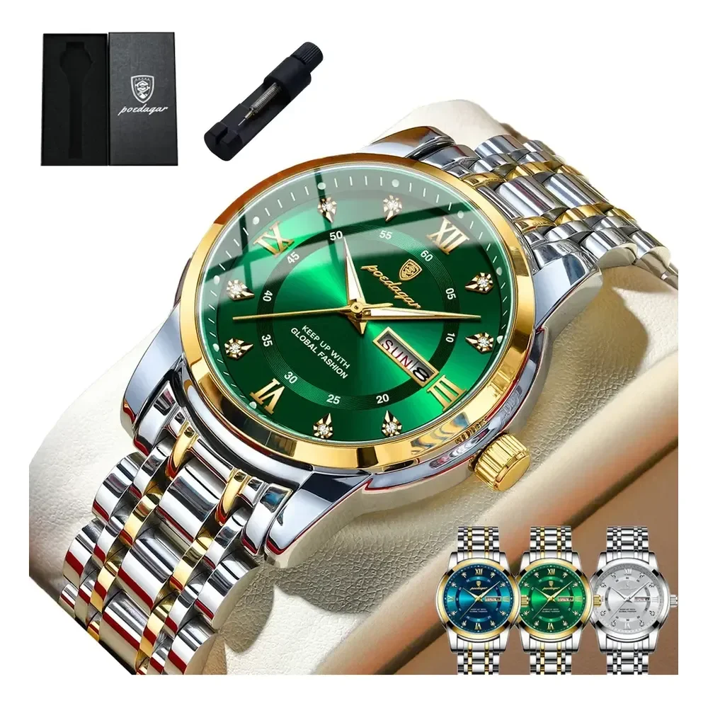 Relógio Poedagar Masculino Luxo Original Com Nota Fiscal Prateado Verde