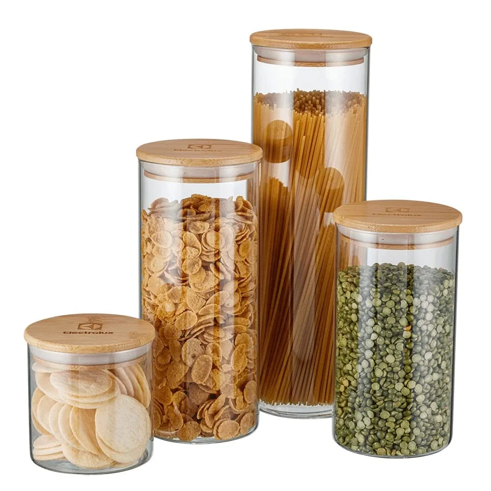 Electrolux Kit 4 Potes de Vidro Herméticos Porta-Mantimentos com Tampa de Bambu, Tampa Vedação de Silicone, Organizadores de Cozinha e Despensa, Transparente, Porta Alimentos, Grãos e Cereais