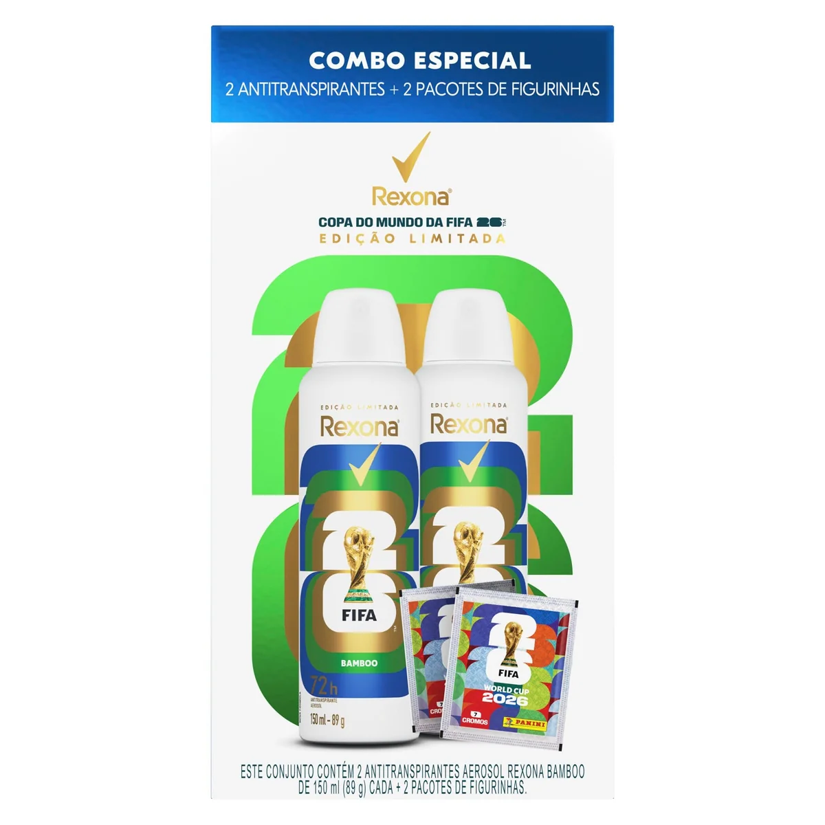 Kit Rexona Antitranspirante Aerossol Bamboo 2 Unidades de 150ml + 2 Pacotes de Figurinhas - Edição Limitada Copa do Mundo da FIFA 26