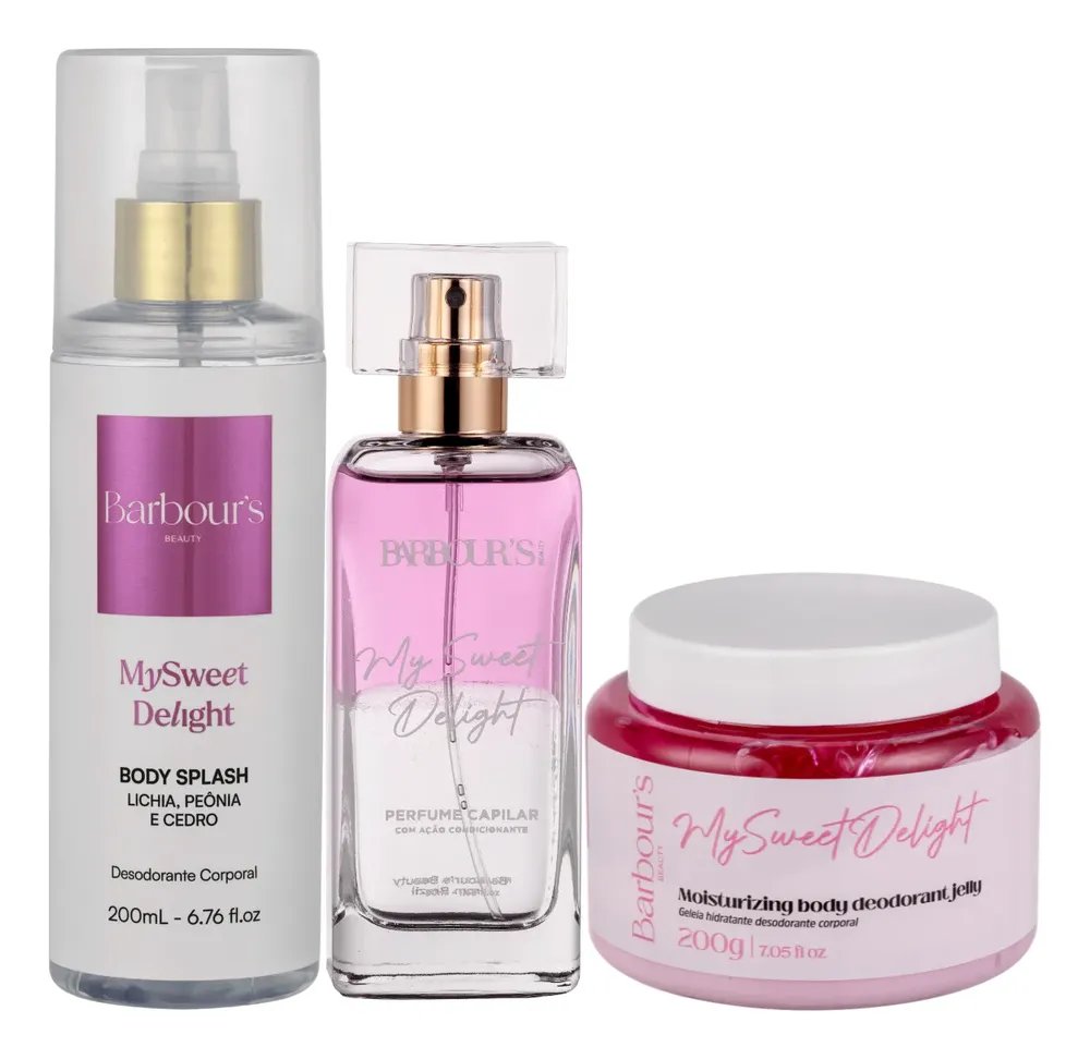 Kit Body Splash Geleia Hidratante Perfume Capilar My Sweet Delight Barbour's Beauty Corporal