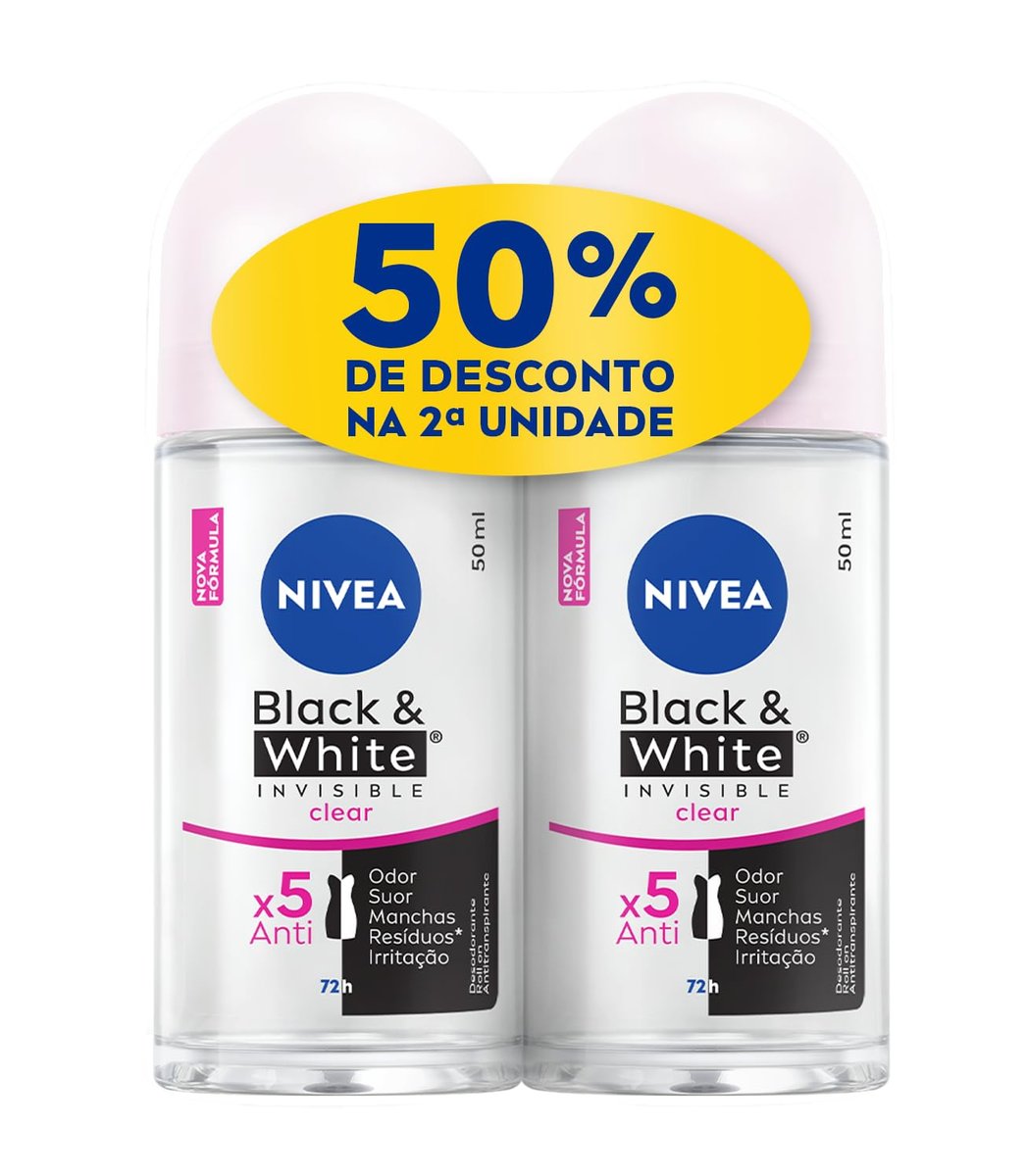 NIVEA Kit Desodorante Antitranspirante Roll On Invisible Black & White Clear 50ml