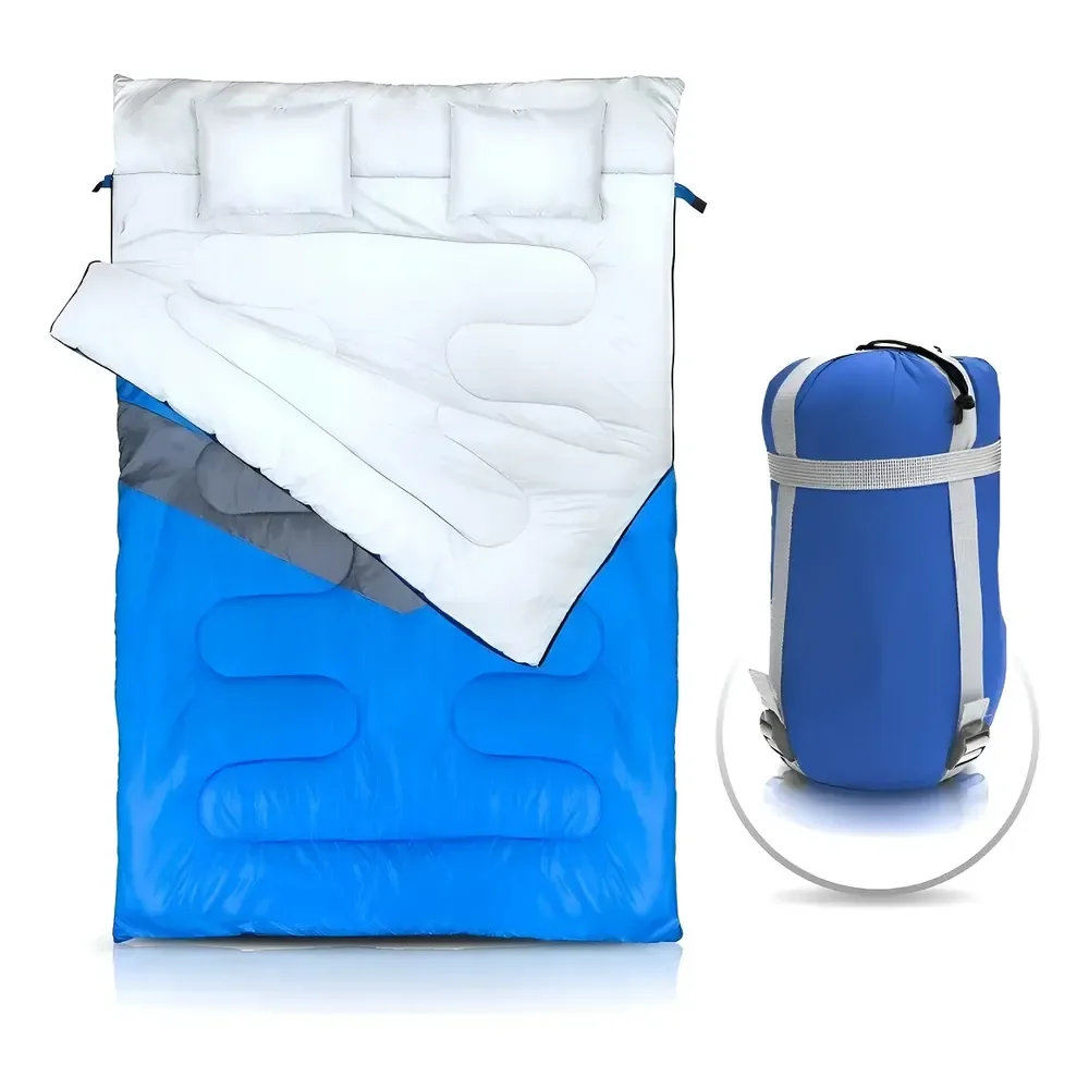 Saco De Dormir Casal Ou Solteiro 2,1m X 1,5m + 2 Travesseiros Micron Kuple Ntk Azul